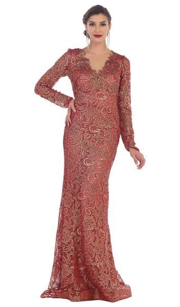 May Queen RQ7477 Scalloped with Long Sleeves Embellished Lace Gown - 1 pc Burgundy/Gold in Size 2XL Available