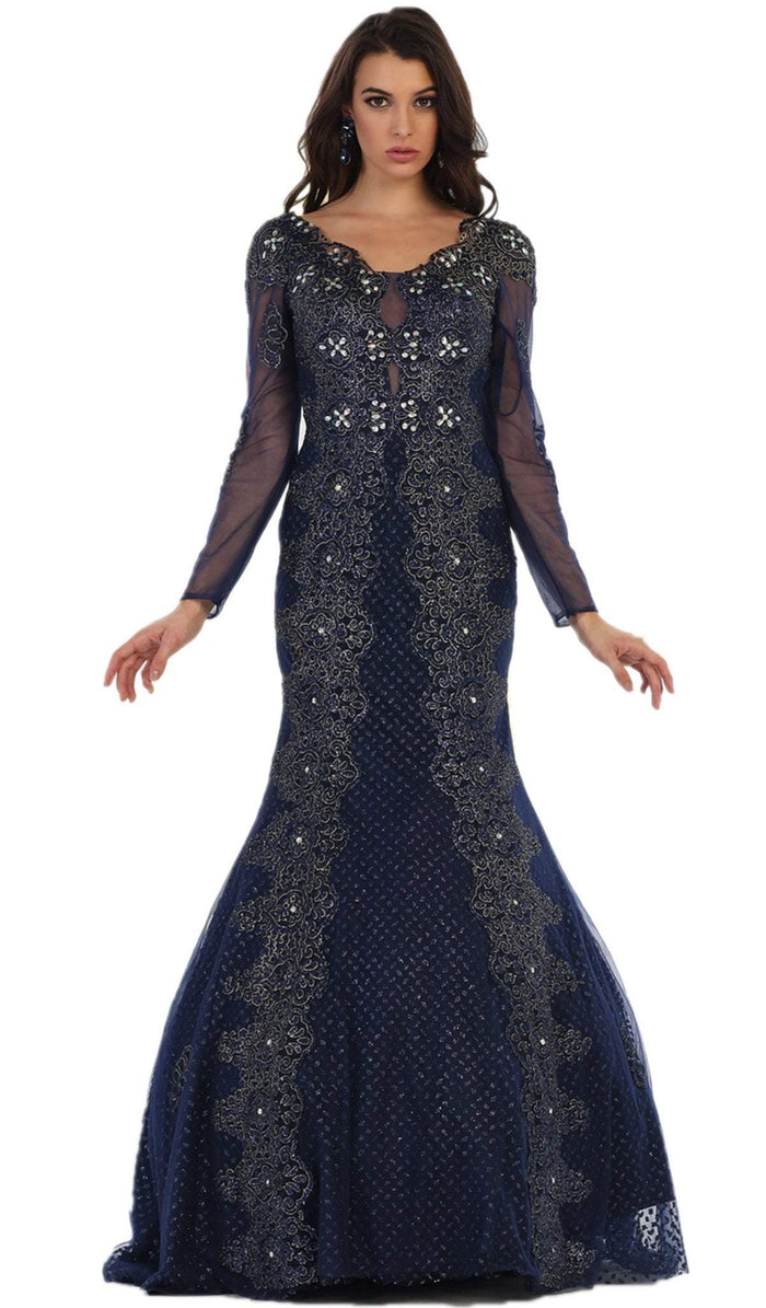 Sheer Long Sleeve Rhinestone Embellished Evening Dress