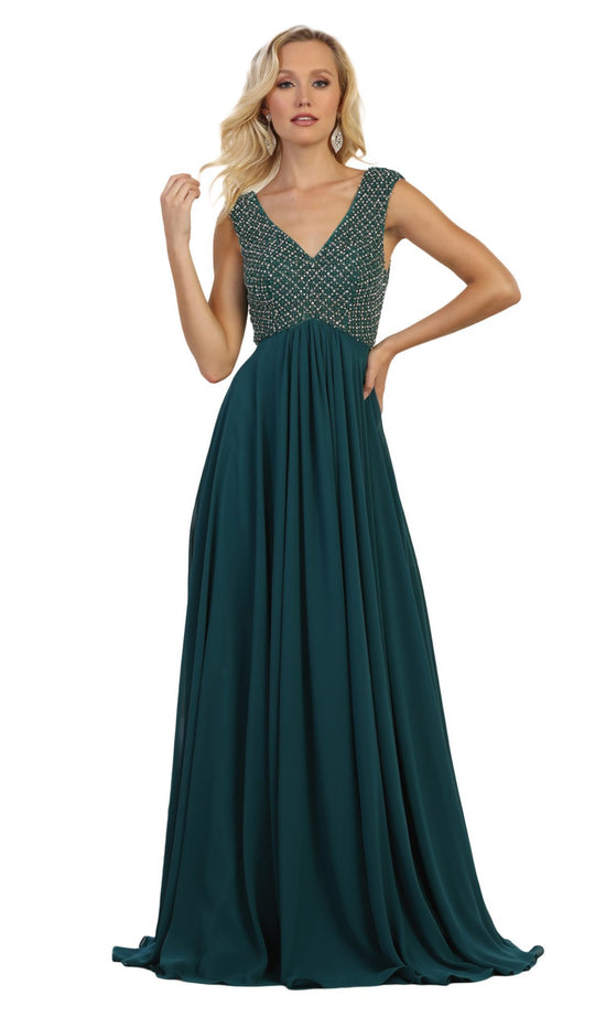 May Queen - RQ7512 Embellished V-neck A-line Dress With Train In Green
