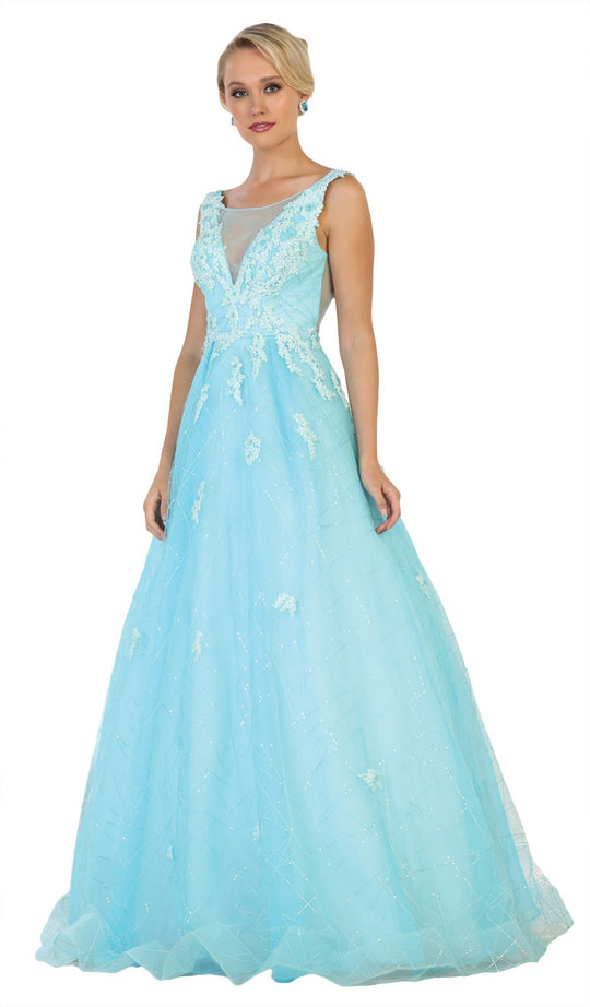 May Queen - RQ7513 Applique Illusion Bateau A-line Dress In Blue and Green