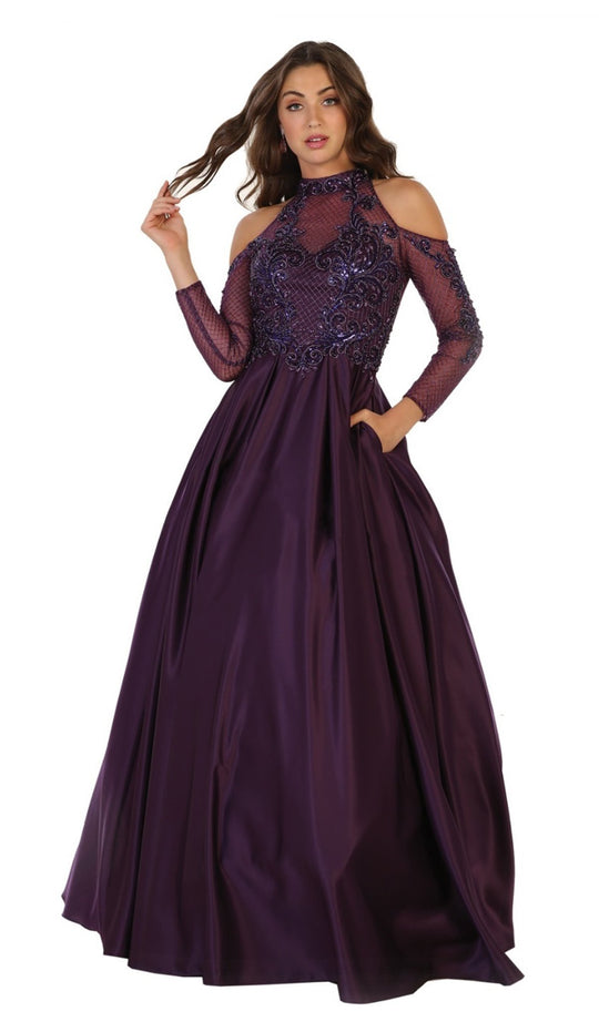 May Queen - RQ7517 Embellished Halter Long Sleeve Ballgown In Purple
