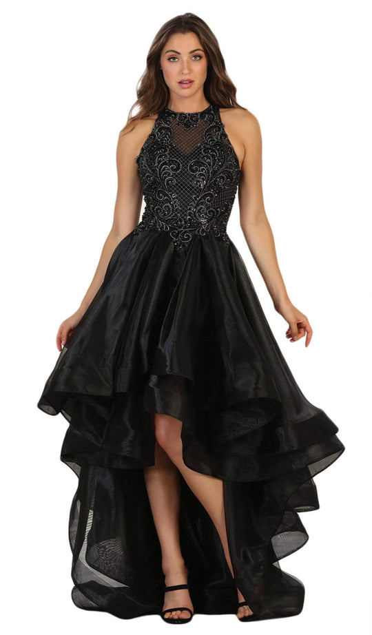 May Queen - RQ7518 Embellished Halter High Low A-line Dress In Black