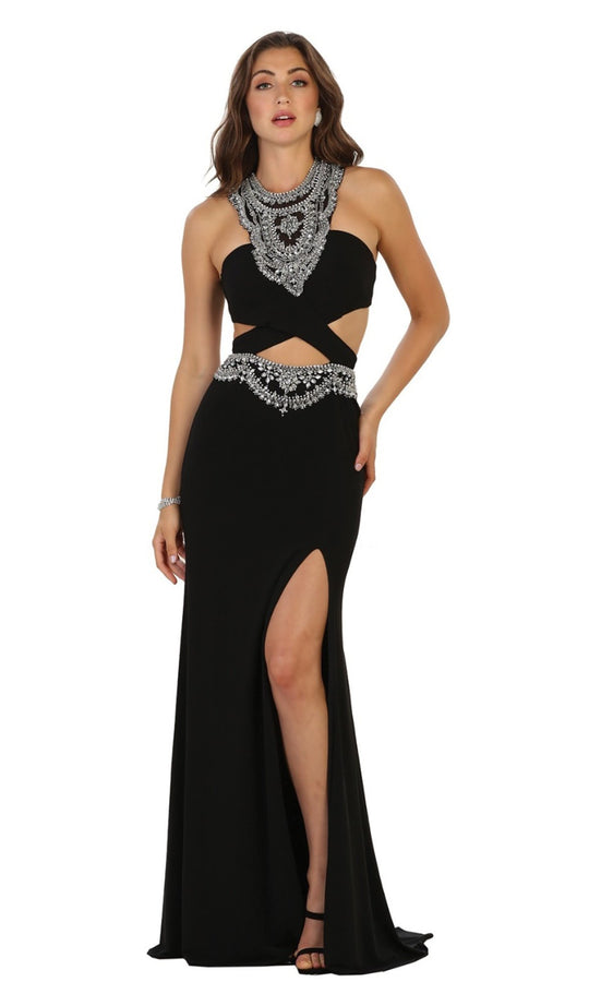 May Queen - RQ7526 Embellished Cutout Dress with Slit In Black