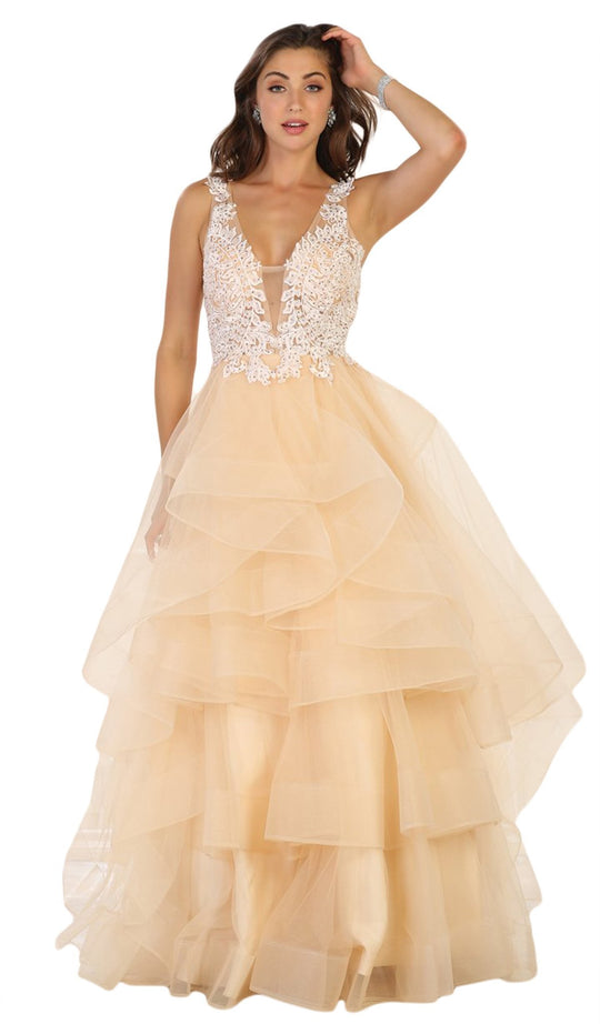 May Queen - RQ7530 Embroidered Deep V-neck Tiered A-line Dress In Neutral