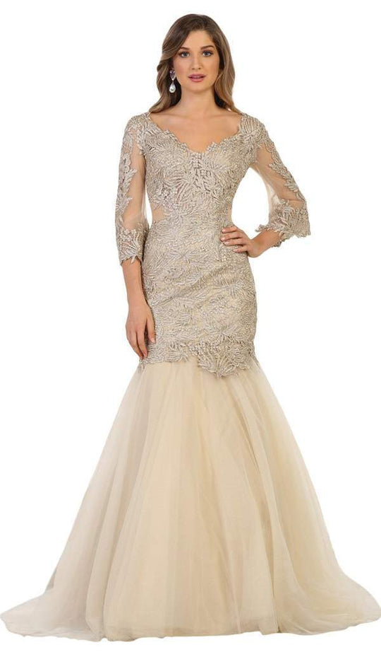 May Queen - May Queen - RQ7542 Embroidered V-Neck Trumpet Evening Gown In Neutral and Gold