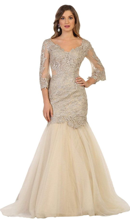 May Queen - RQ7542 Embroidered V-Neck Trumpet Evening Gown In Neutral and Gold