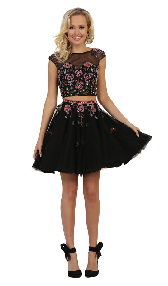 May Queen - RQ7559 Multicolored Embellished Two Piece A-line Dress In Black