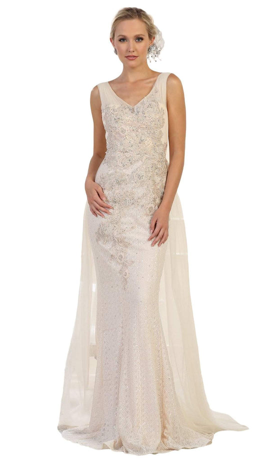 May Queen - RQ7563 Embroidered V Neck Gown with Overskirt In Neutral