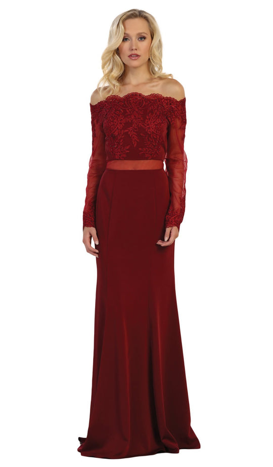 May Queen - RQ7578 Embroidered Off-Shoulder Long Sleeve Trumpet Dress In Red