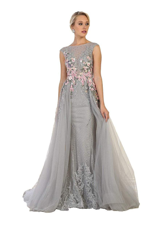 May Queen - Bateau Neck Embellished Gown with Overskirt RQ7596 in Silver
