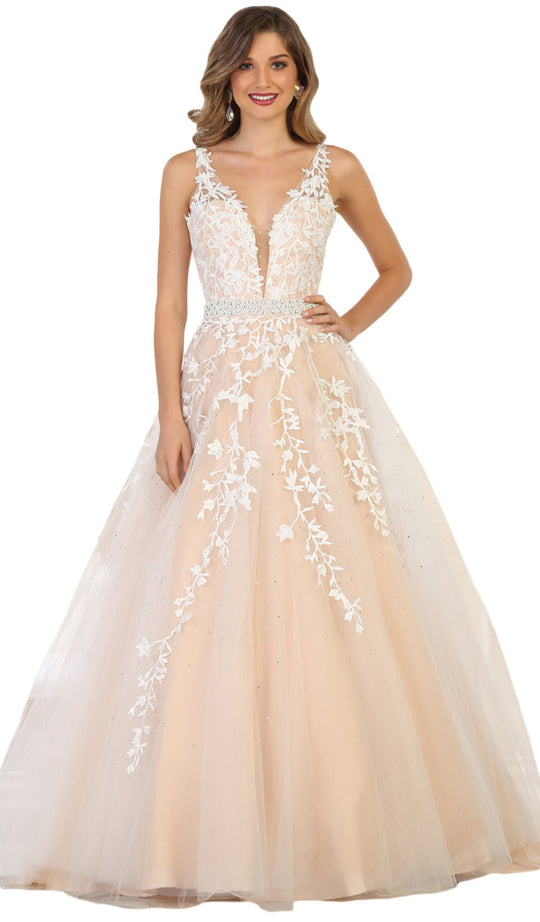 May Queen - RQ-7613 Trailing Foliage Plunging Sweetheart Gown In Pink and Nude