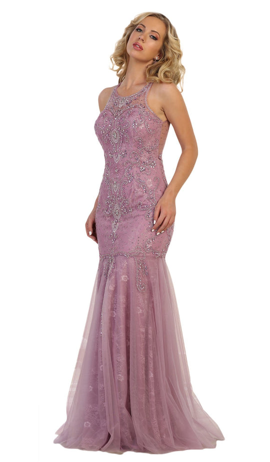 May Queen - RQ7623 Crystal Beaded Illusion Lace Trumpet Gown In Pink