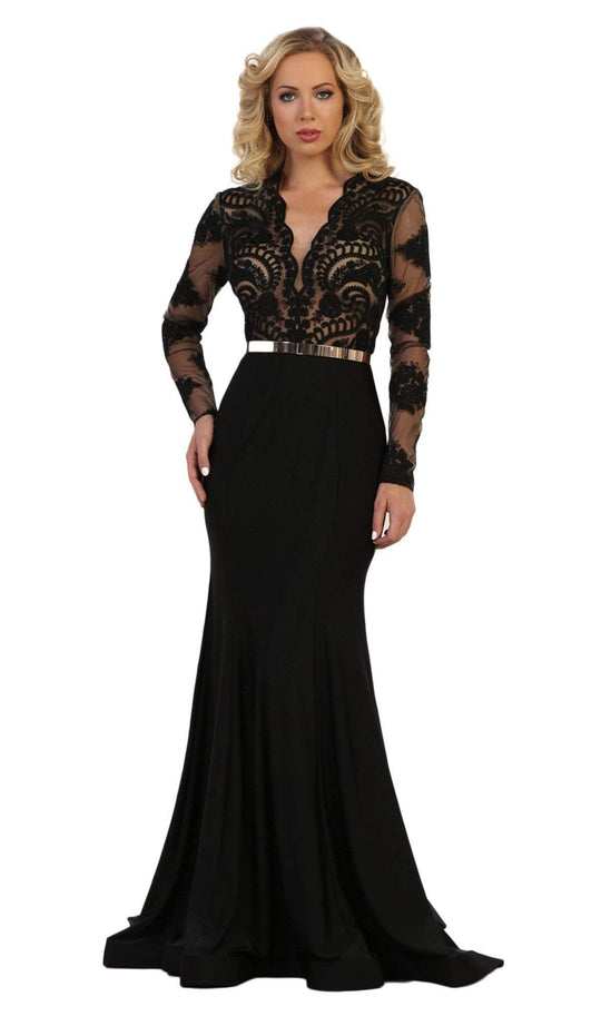 May Queen - Lace Bodice Scalloped V-Neck Trumpet Dress RQ7624  In Black