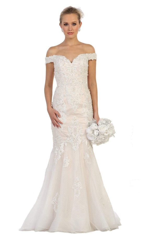 May Queen Bridal - RQ7625 Lace Applique Off-Shoulder Mermaid Dress In White and Nude