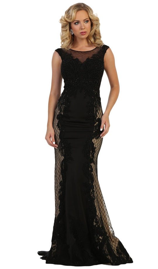 May Queen - RQ7626 Embroidered Illusion Bateau Dress In Black and Neutral