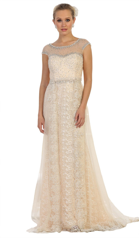 May Queen - RQ7627 Embroidered Bateau A-line Dress In Nude