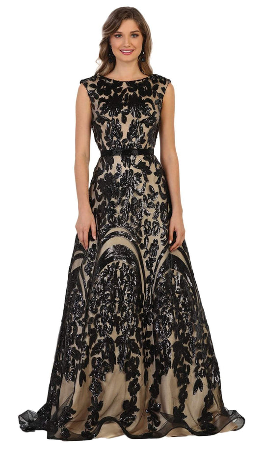 May Queen - RQ7632 Lace Applique Bateau A-line Dress in Black and Nude