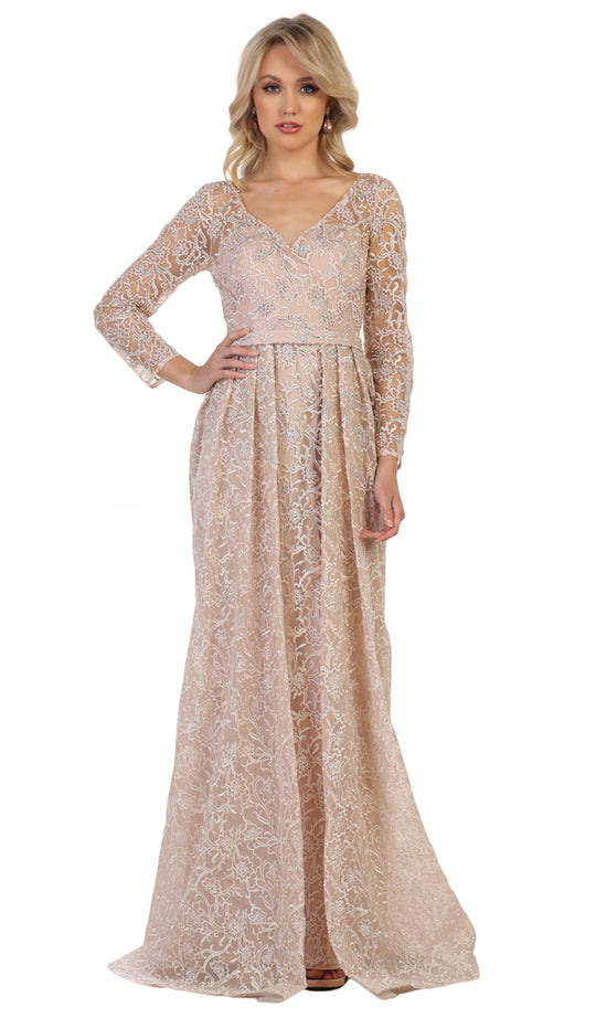 May Queen - RQ7633 Lace Embroidered V-neck A-line Dress