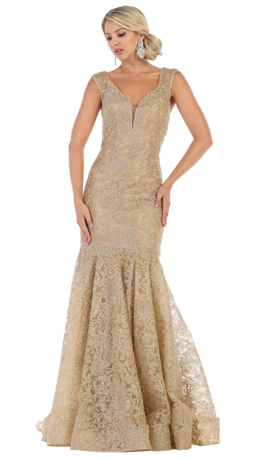 May Queen - RQ7635 Embellished Plunging V-neck Mermaid Dress In Gold