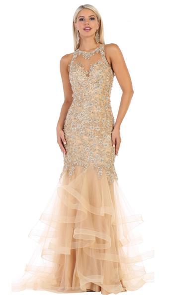 May Queen - Applique Halter Ruffled Trumpet Dress RQ7637 - Gold