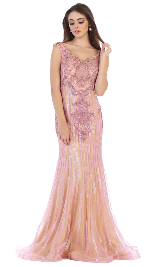 May Queen - RQ7640 Embellished Wide V-neck Trumpet Dress In Pink