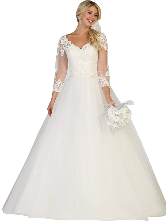 May Queen - RQ7641 Sheer Long Sleeve Embroidered A-line Gown In White