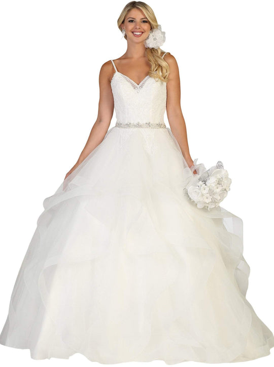 May Queen - RQ7644 Lace Embellished V-neck Ruffled A-line Gown In White