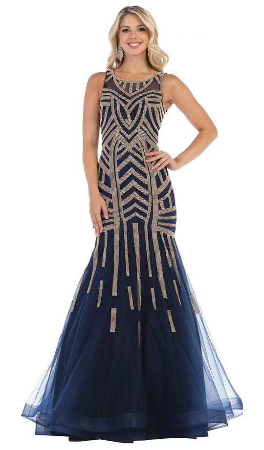 May Queen - RQ7646 Sequin Embellished Illusion Scoop Gown In Blue and Gold