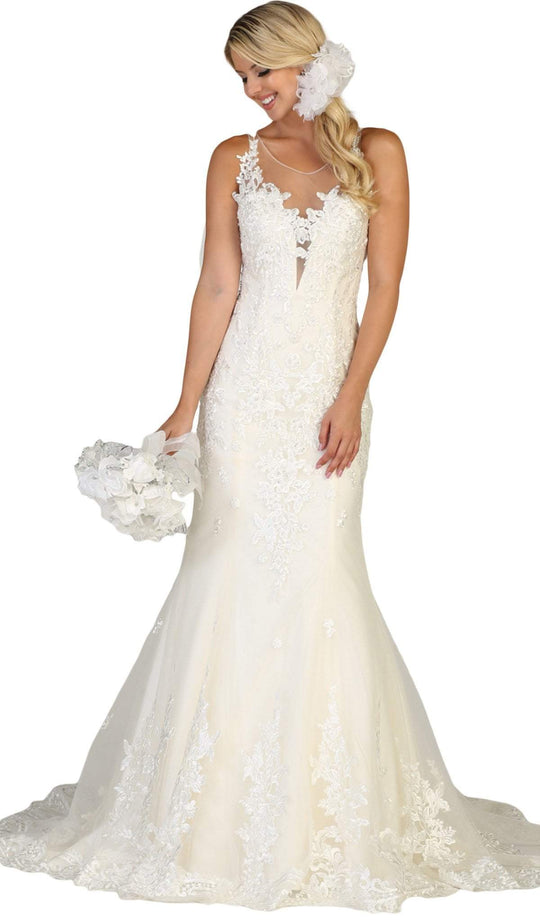 May Queen - RQ7647 Applique Illusion Scoop Trumpet Gown In White