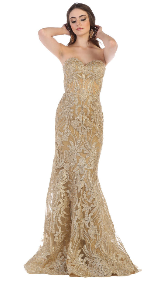 May Queen - RQ7649 Embellished Sweetheart Trumpet Dress With Train In Gold