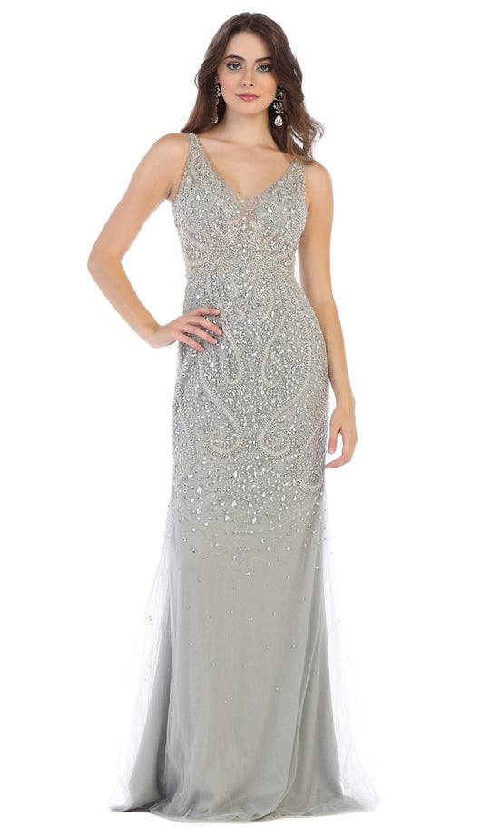 May Queen - RQ7650 Crystal Beaded V-neck Trumpet Dress In Silver