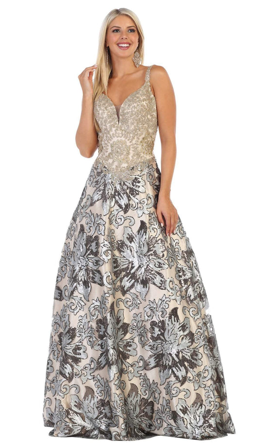 May Queen - RQ7655 Two Tone Embellished Deep V-neck A-line Dress In Black and Gold