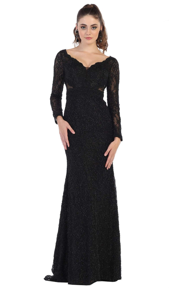 May Queen - RQ7657 Lace Plunging V Neck Evening Dress In Black