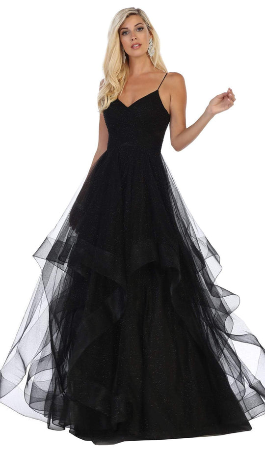 May Queen - RQ-7658 Ruched Surplice Asymmetrical Hemmed Dress In Black