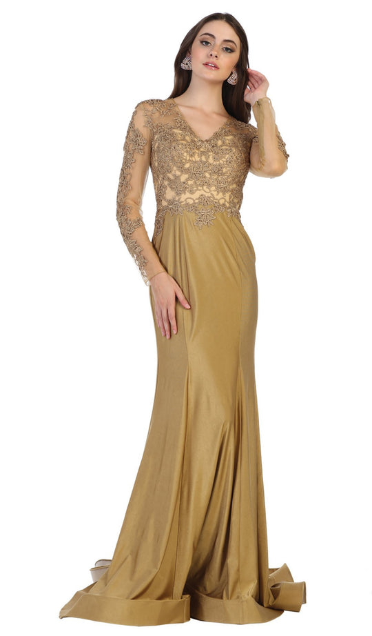 May Queen - RQ7661 Illusion Long Sleeve Appliqued Mermaid Gown In Gold