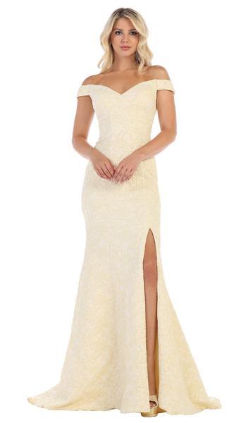 May Queen - Off-Shoulder Trumpet Dress With High Slit RQ7663 In Yellow