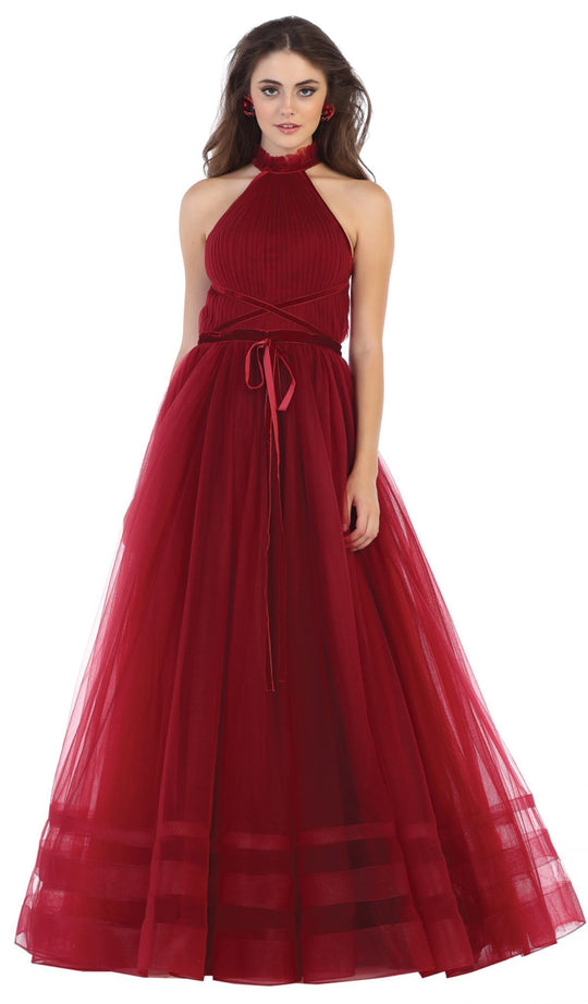 May Queen - RQ7669 High Neck Pleated A-Line Evening Gown In Red