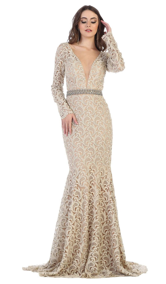 May Queen - RQ7671 Lace Long Sleeve Trumpet Dress With Train In Neutral