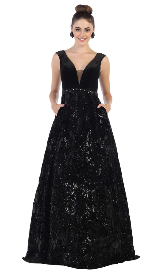 May Queen - RQ7674 Embellished Plunging V-neck Ballgown In Black