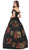 May Queen - RQ7675 Floral Patterned Deep Off-Shoulder Pleated Ballgown In Black and Multi-Color