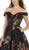 May Queen - RQ7675 Floral Patterned Deep Off-Shoulder Pleated Ballgown In Black and Multi-Color