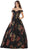 May Queen - RQ7675 Floral Patterned Deep Off-Shoulder Pleated Ballgown In Black and Multi-Color