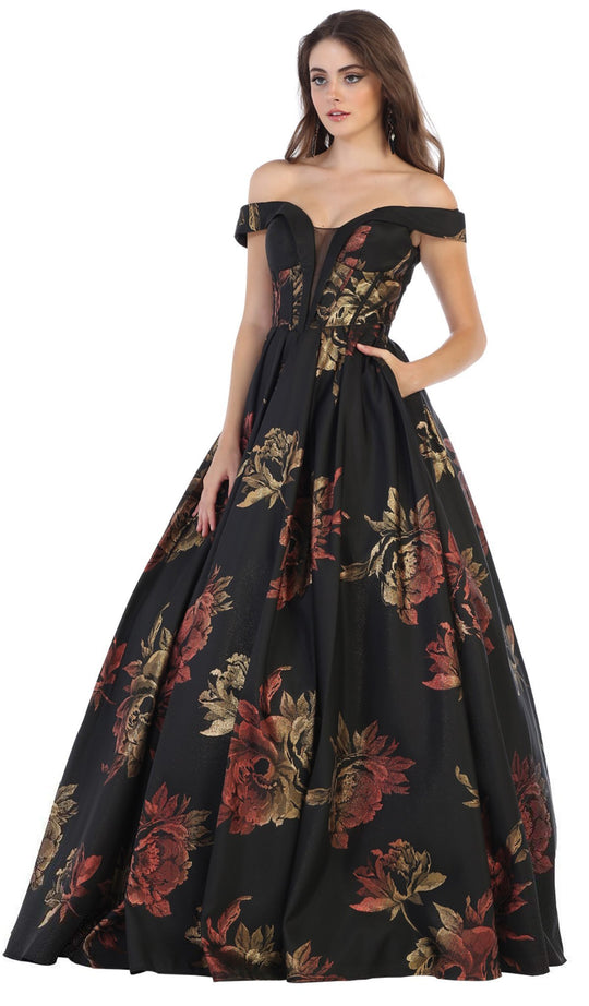 May Queen - RQ7675 Floral Patterned Deep Off-Shoulder Pleated Ballgown In Black and Multi-Color