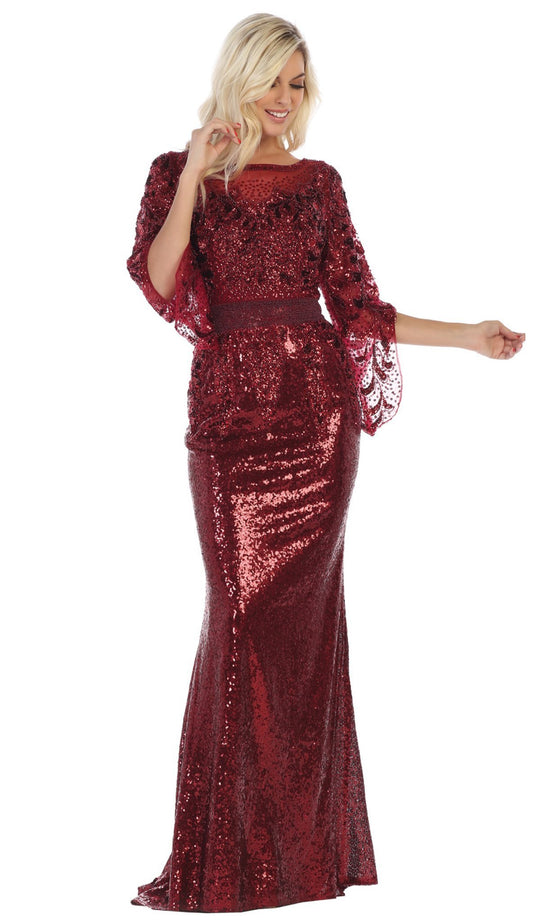 May Queen - RQ7679 Sequined Quarter Length Sleeve Bateau Trumpet Dress In Red