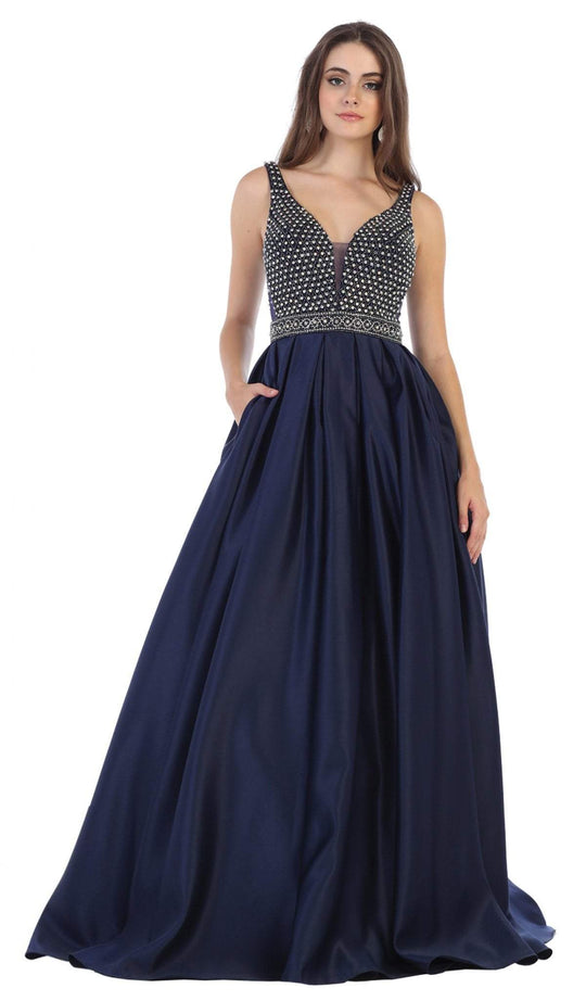 May Queen - RQ7680 Beaded Plunging V-Neck Ballgown In Blue