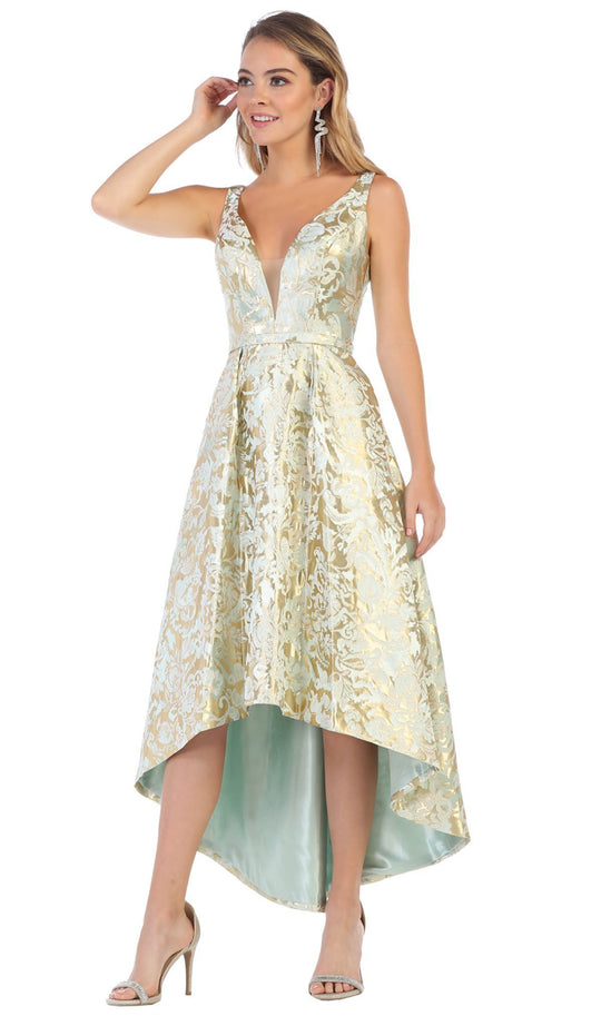 May Queen - Two Tone Deep V-neck High Low A-line Dress RQ7681 In Green and Gold