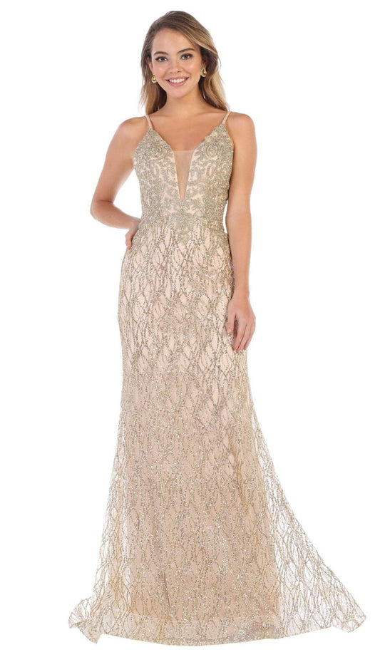 May Queen - RQ-7683 Embellished Deep V-neck Trumpet Dress In Gold