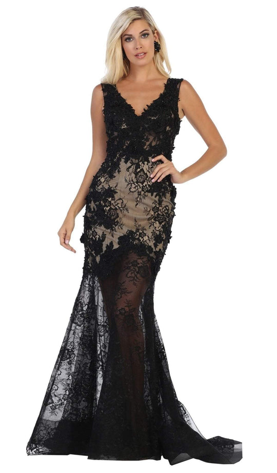 May Queen - RQ7687 Lace Applique V-neck Trumpet Dress In Black and Nude