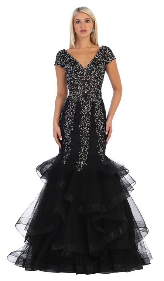 May Queen - RQ7690 Embroidered V-Neck Ruffled Mermaid Dress In Black