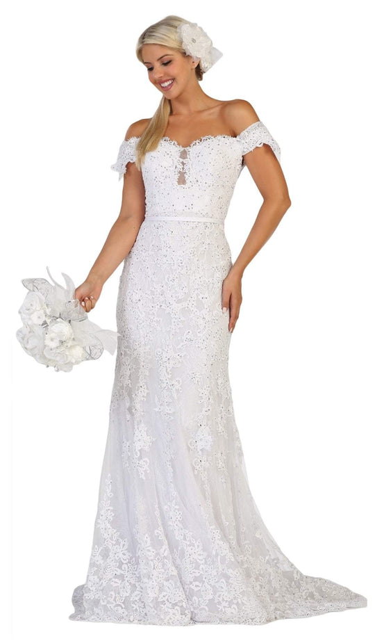 May Queen - RQ7691 Embellished Off-Shoulder Trumpet Dress In White